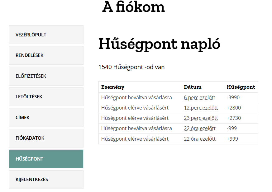 Hűségpont naplót találsz a fiókod megfelelelő almenüjében